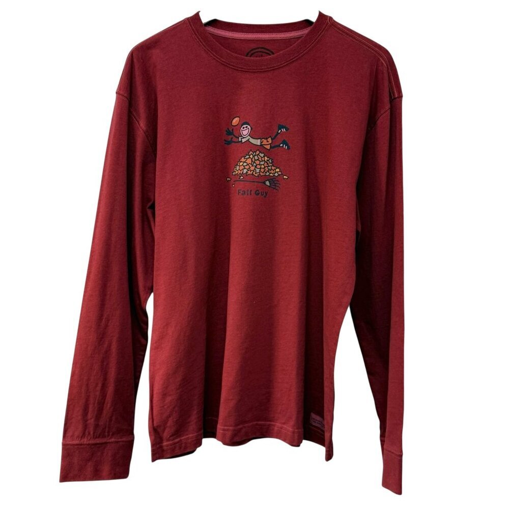 LIFE IS GOOD Fall Guy Football Long Sleeve Tee Size Medium Burgundy Red Cotton